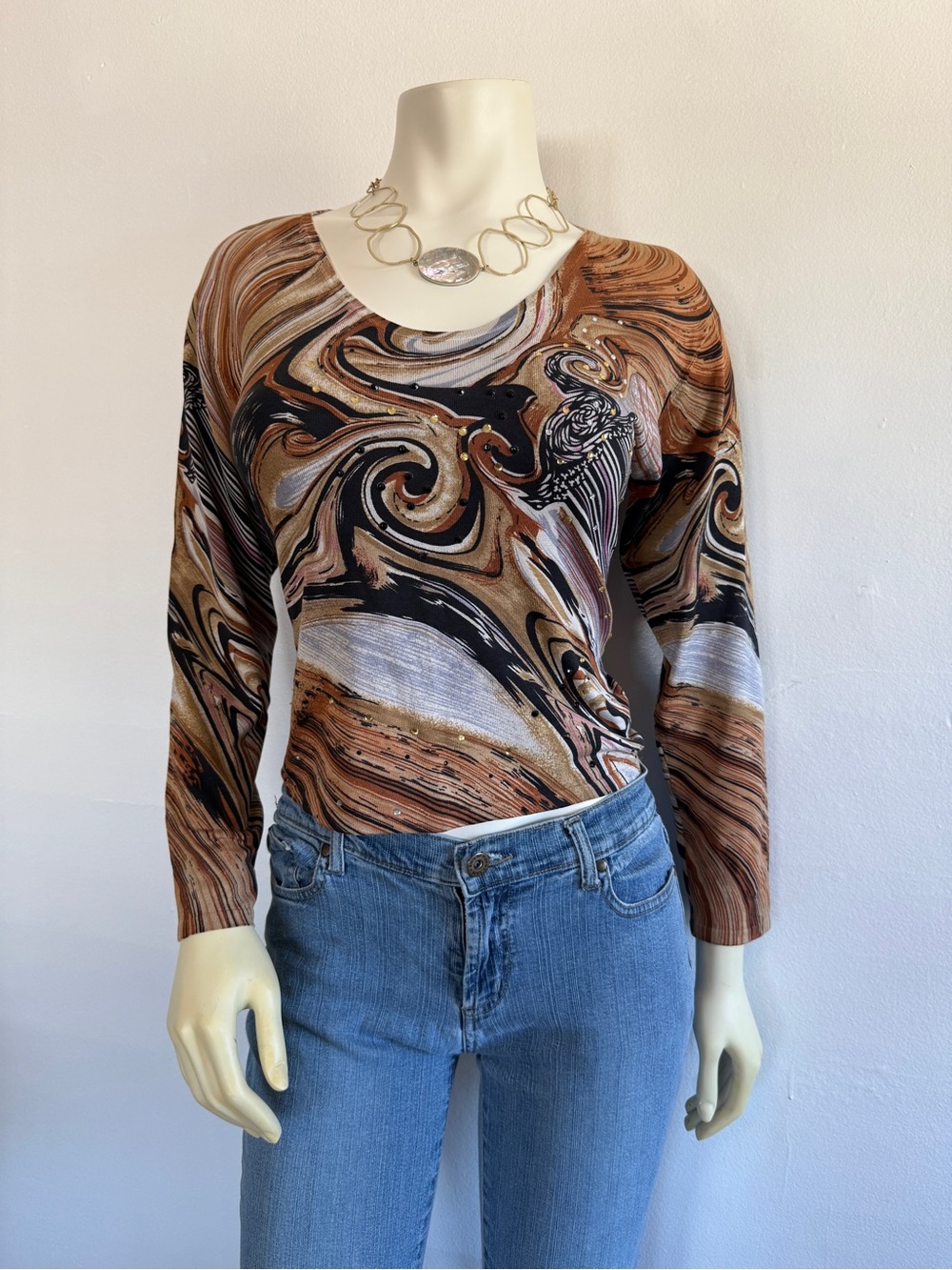 Vintage Y2K UbU Silk Blend Embellished Brown Swirl Print Long-Sleeve Petite L
